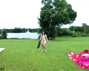 Slim brunette teasing outdoor webcam show