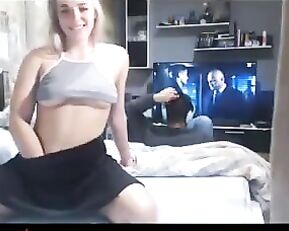 teen masturbates on webcam with boyfriend in backround