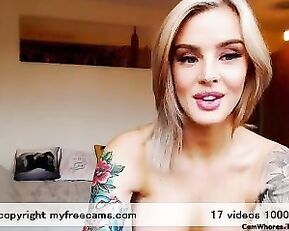 TattQueen slim tattoo blonde with huge tits teasing webcam show