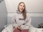 Sexy teen blonde in stockings passion masturbate in bed webcam show