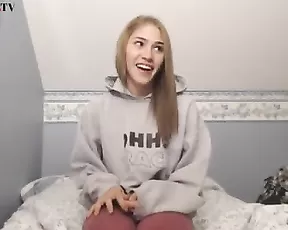 Sexy teen blonde in stockings passion masturbate in bed webcam show