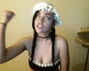 Beryl18 very slim teen brunette in stockings masturbate use black dildo webcam show