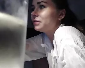 Brunette is cumshot on the bed