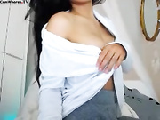 A blonde with small tits gets naked on cam with her lover