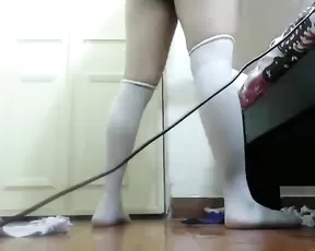A brunette sucks cock and toys herself