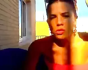 Covering her BBW face with sperm