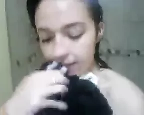 Ebony girl plays with her dildo