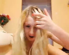 Bleached blonde on the floor getting filled with fingers and cock