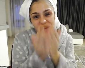Beauty teen brunette after bath teasing webcam show