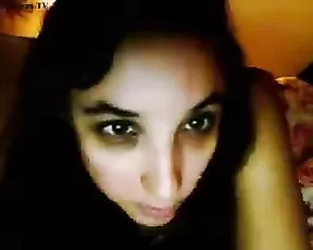Busty teen brunette in bed show tits webcam show