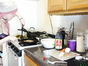 Blonde is with her man in the bathroom