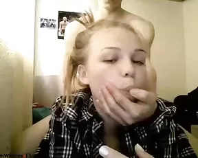 Nice blonde teen with bf in bed webcam show