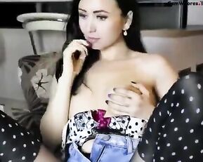 Beauty slim brunette play with natural tits webcam show