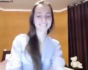 Very sexy slim teen with natural tits tease in bed webcam show