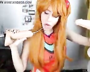Teen redhead girl suck two dildos webcam show
