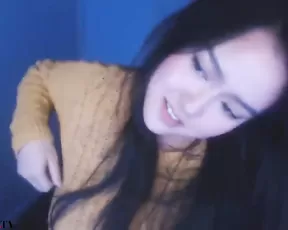 Juicy asian brunette teasing huge boobs webcam show