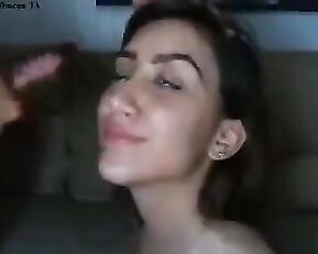 Sexy brunette get huge facial webcam show
