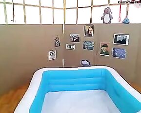 Slim girls in pool for kids teasing webcam show