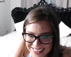 Slim and busty naked teen in glasses suck dildo webcam show