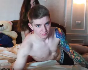Sexy teen brunette couple teasing in bed webcam show