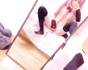 Little asian teen in stockings fingering pussy on mirror webcam show