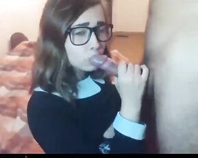 Schoolgirl in glasses make blowjob webcam show