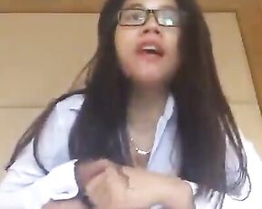 Asian brunette in glasses fingering hairy pussy webcam show