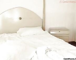 Sweet blonde in underwear teasing in bed webcam show