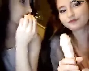 Sexy lesbians suck dildo webcam show